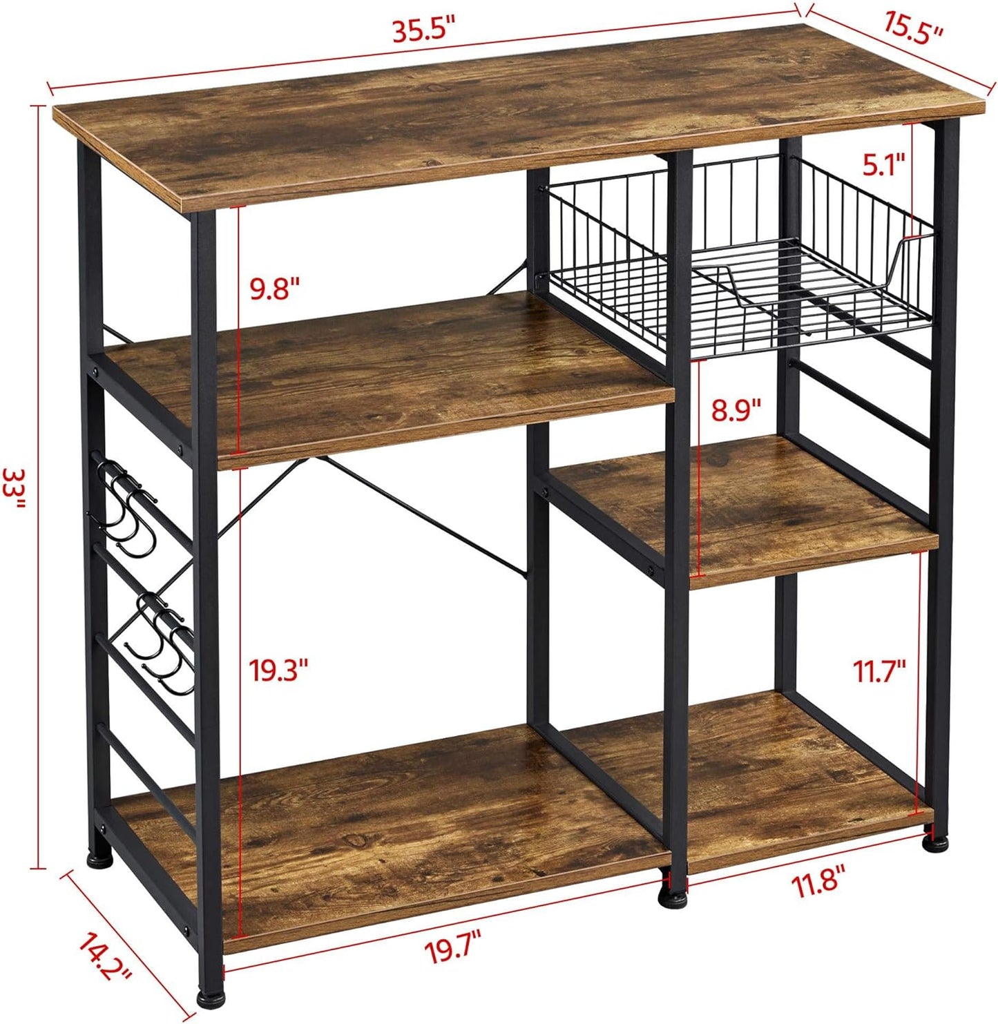 4-Tier Kitchen Baker'S Rack, Coffee Bar Microwave Stand Cart with Wire Basket & 6 Side Hooks, Kitchen Organizer Shelf for Spices/Utensils Foods, Rustic Brown